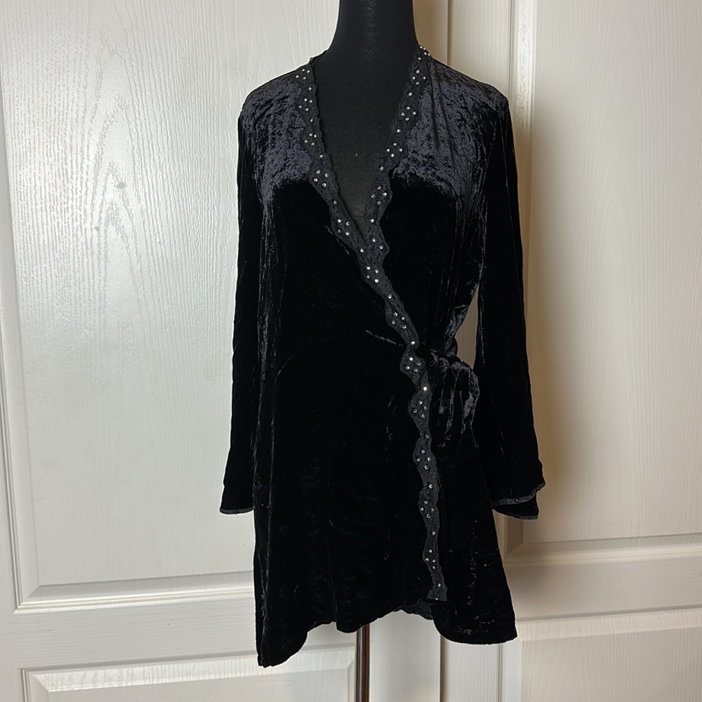 2003 VTG VICTORIAS SECRET SILK BLACK VELVET RHINESTONE ROBE CARDIGAN